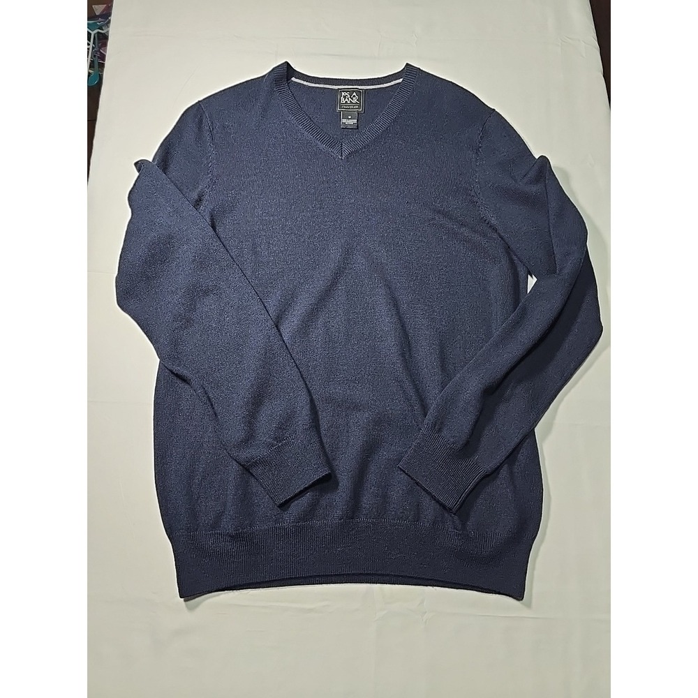 Jos A Bank Travel V Neck Sweater Men Medium Navy Blue Merino Wool Pullover Knit
